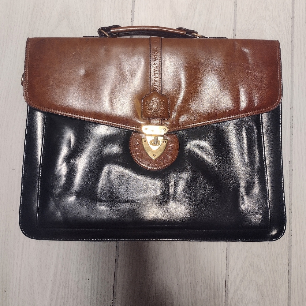Vtg Moda Italiana Leather Briefcase Style Bag Black Brown Embellished 16x12".